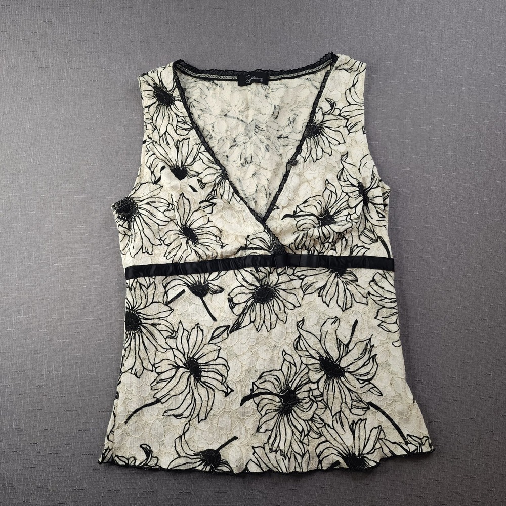 Speechless Y2K Tank Top Black Cream Floral Lace Bow Lettuce Hem Aesthetic Small